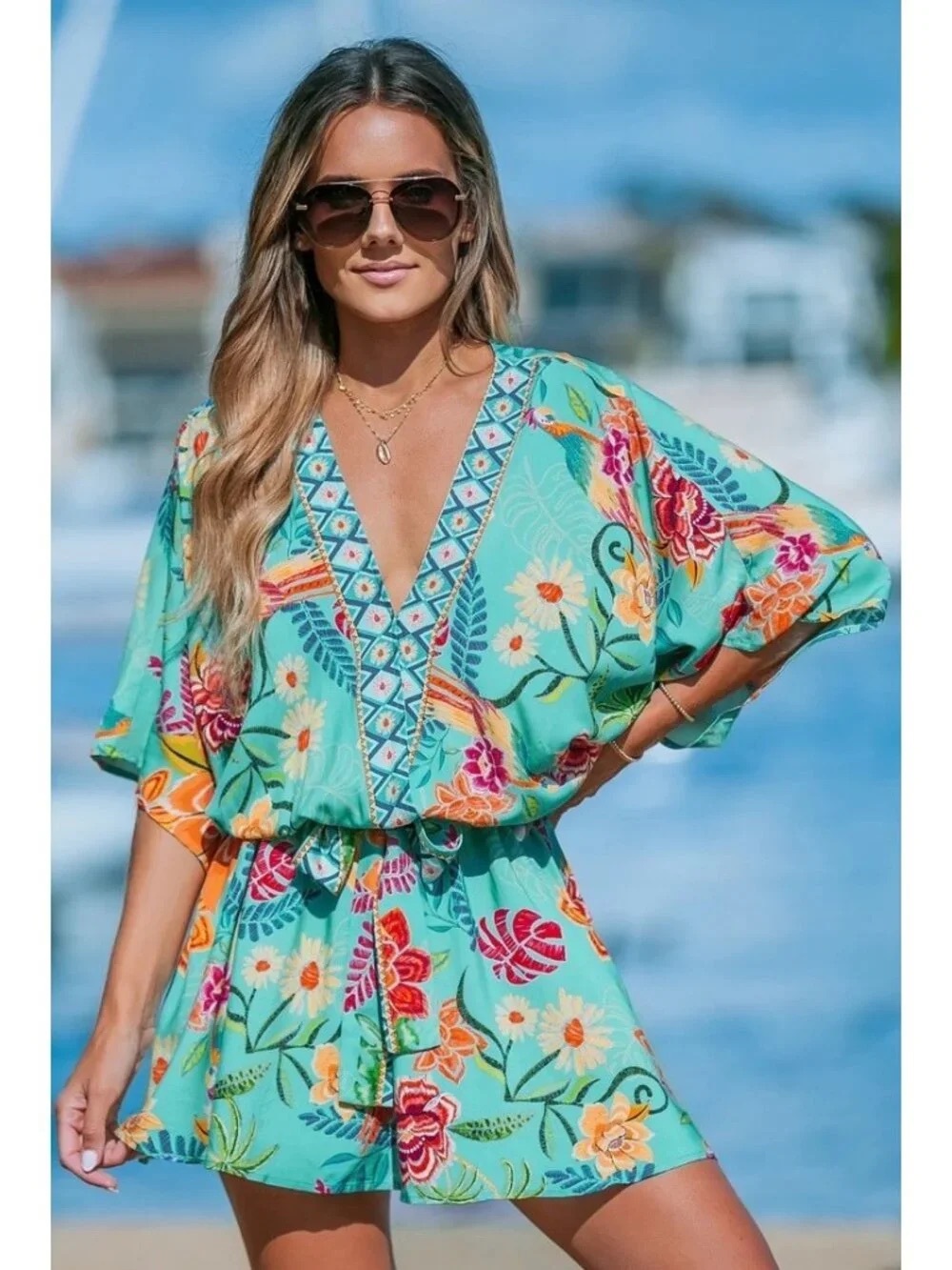 Cupshe Large Tropical Dolman Sleeve Mini Dress Coverup Beach Resort Rayon NWT